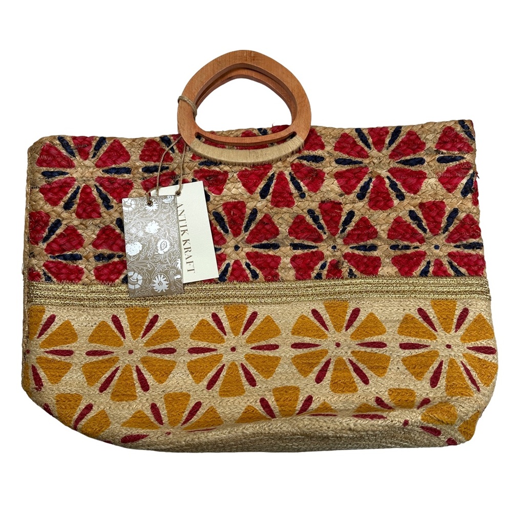 NWT Antik Kraft Floral Jute Tote Bag wood handle‎ boho beach basket market purse